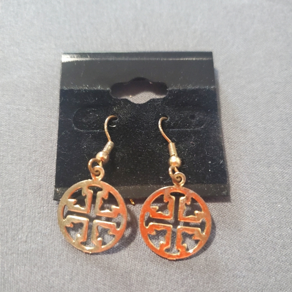 T Cross Design, Gold Tone, Logo Round Dangle Earrings - Item 437